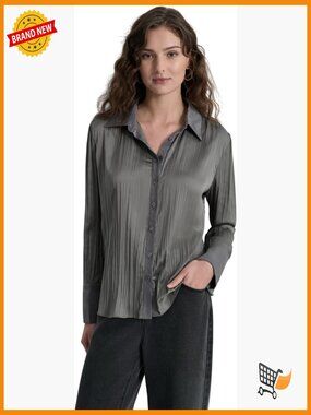 Pleated Satin Blouse Long Sleeve Collared Classic Fit